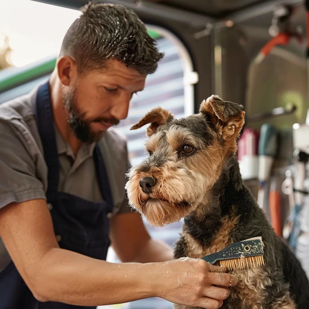 Detailed coat inspection during a mobile grooming appointment to check for skin or coat issues