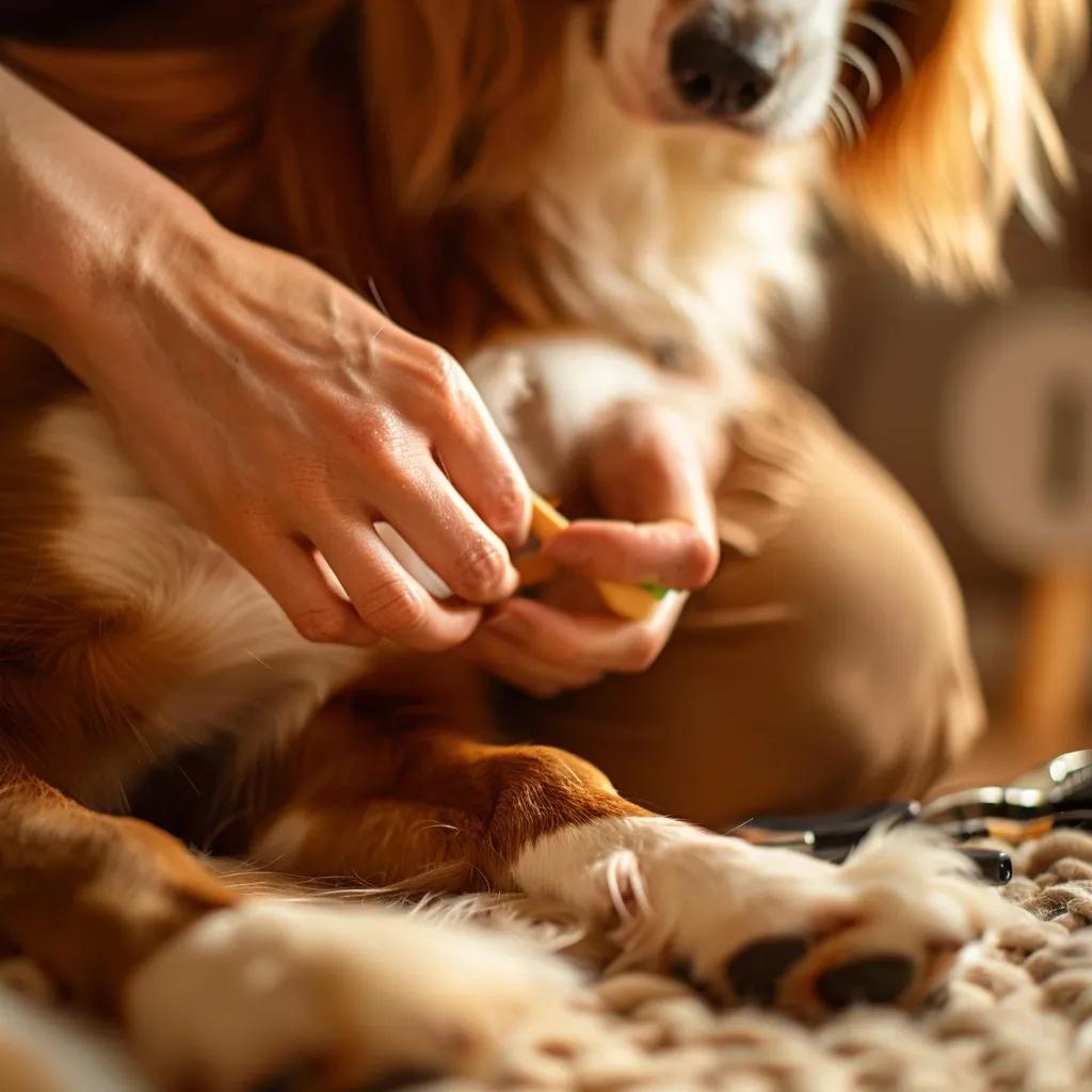 Owner preparing an anxious dog for a home nail trim with treats and grooming tools