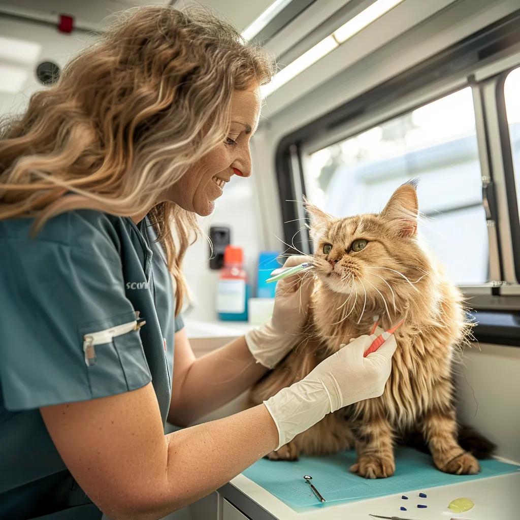 Mobile groomer brushing a cat's teeth to show the convenience and calm of on‑site dental care