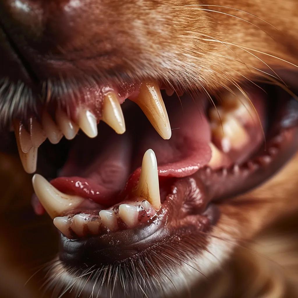 Close view of a dog's mouth showing tartar on teeth and inflamed gums to illustrate dental disease signs