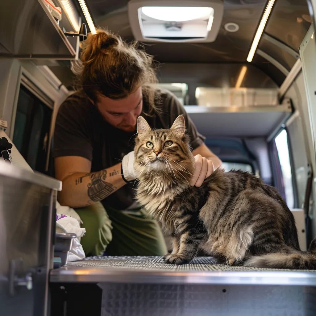 Groomer giving gentle, focused attention to a relaxed cat inside a mobile grooming van