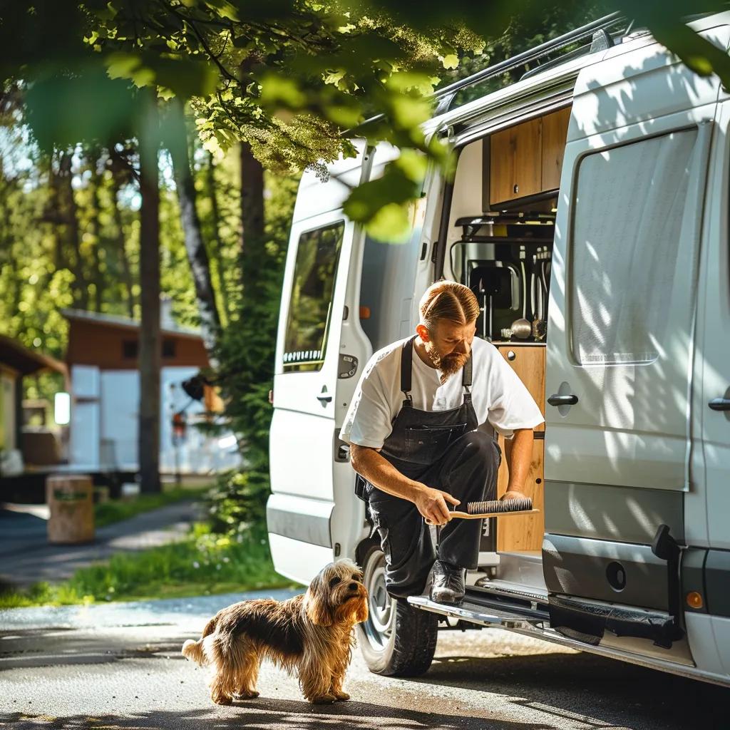 Woof Woof mobile grooming van—groomer brushing a small dog outside on a sunny driveway