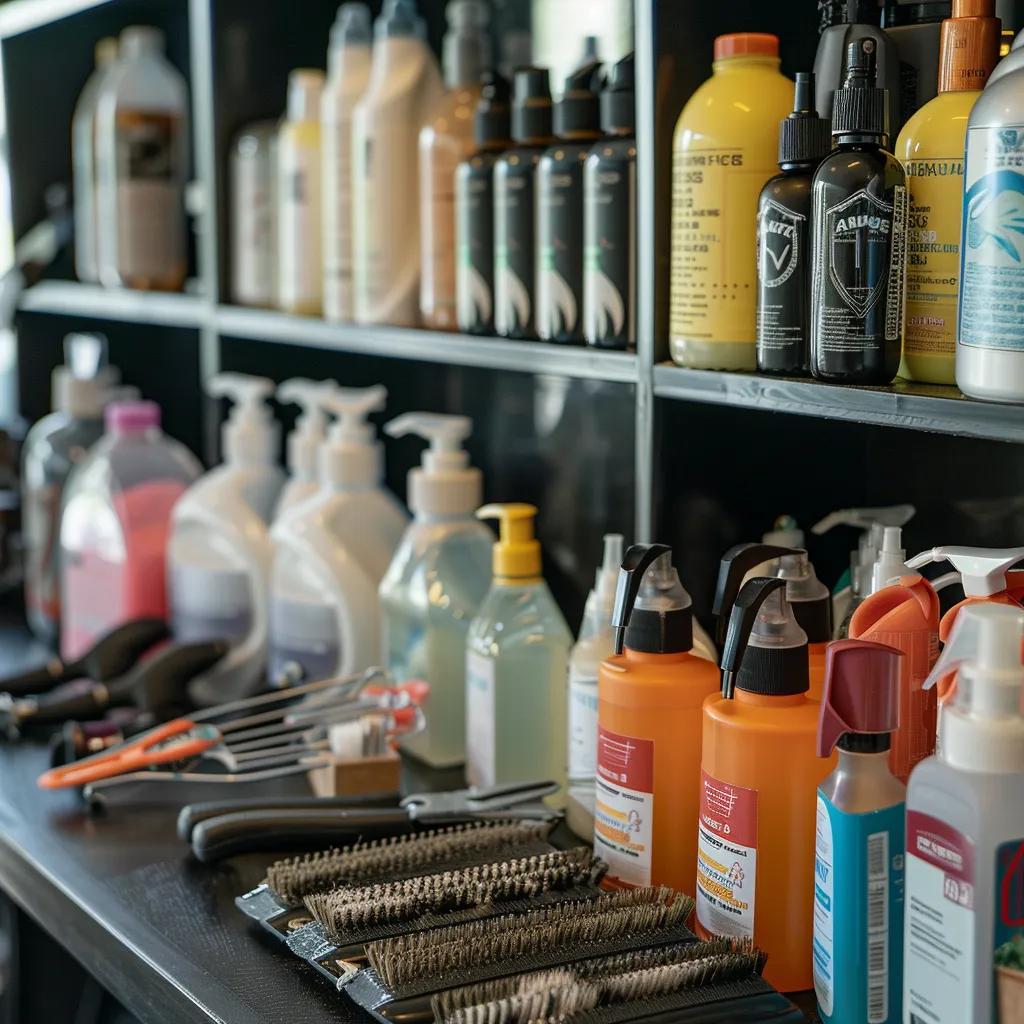 Pet-safe disinfectants and grooming tools neatly arranged, highlighting safe cleaning practices