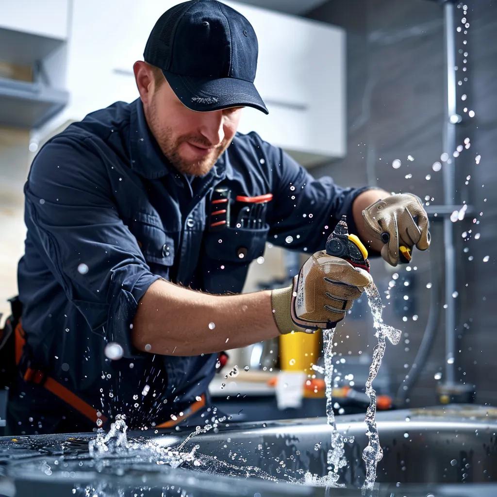 A licensed plumber repairing a burst pipe in a home — emergency plumbing response