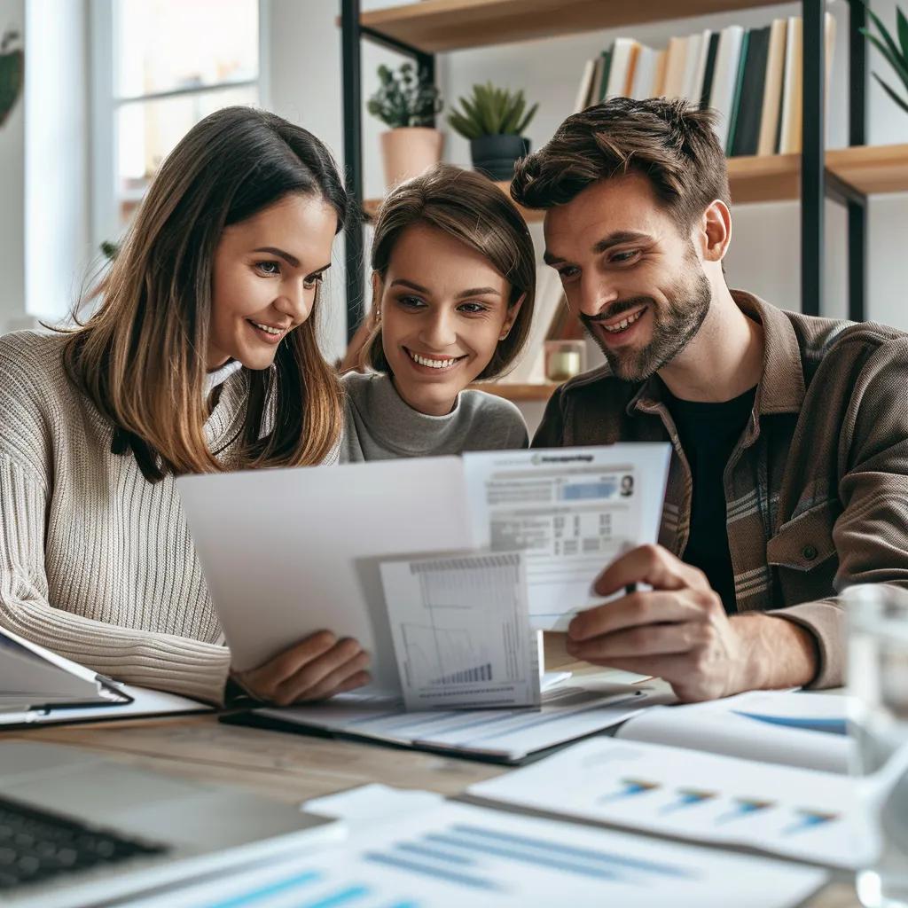 Couple reviewing mortgage choices with a friendly adviser in a local office