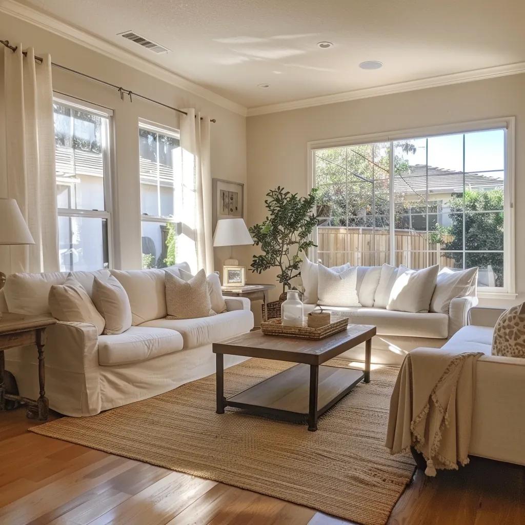 Staged living room prepared for sale with neutral decor and clear spaces to appeal to buyers
