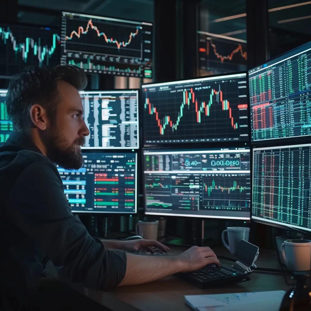 Trader reviewing multiple monitors with intraday charts and market data