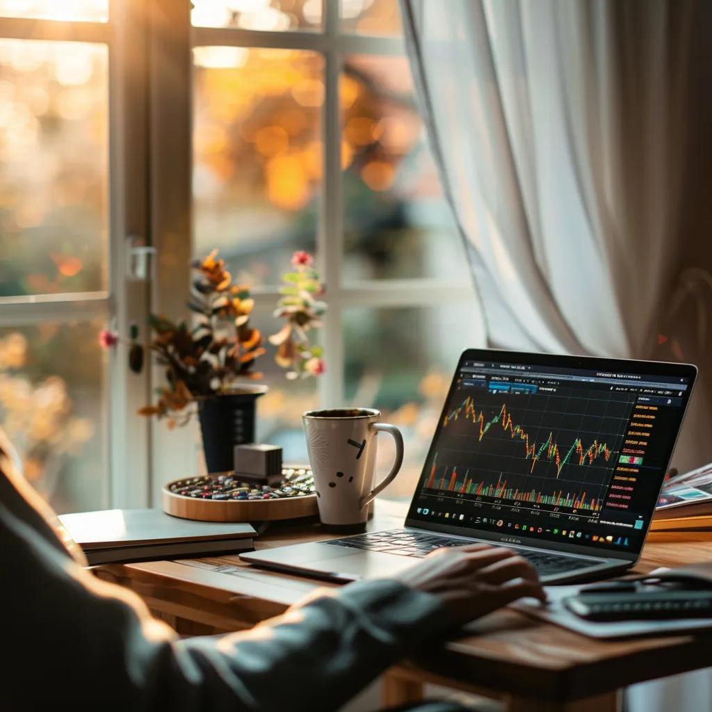Home trading setup with laptop showing charts and a cup of coffee