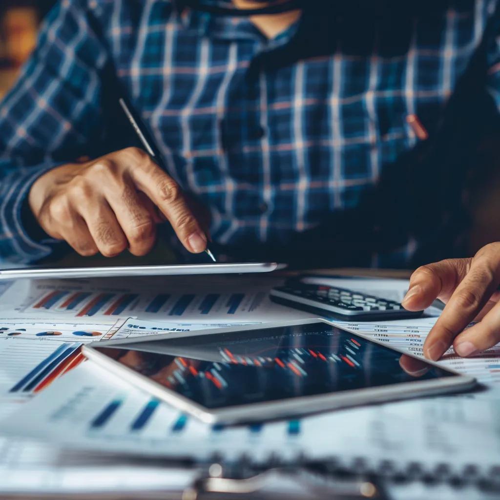 Trader reviewing risk rules and charts on a tablet