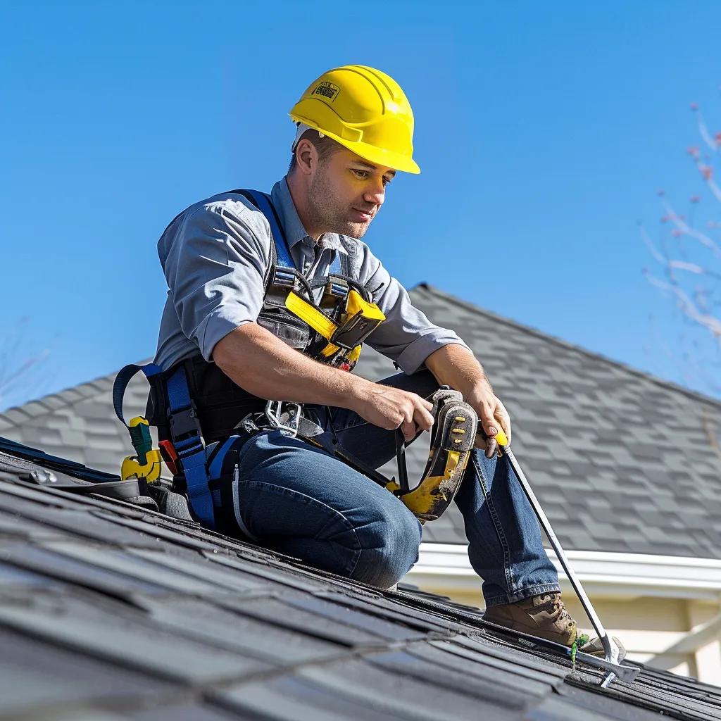 Roofing professional inspecting shingles with tools—focused on safety and quality