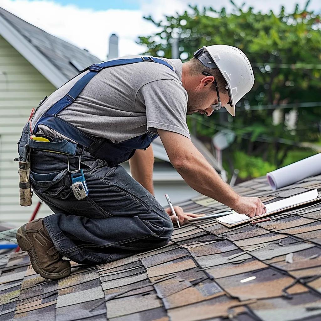 Roofing professional inspecting a residential roof in Kansas City
