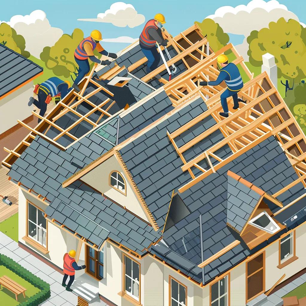 Contractor team working on a residential roof replacement