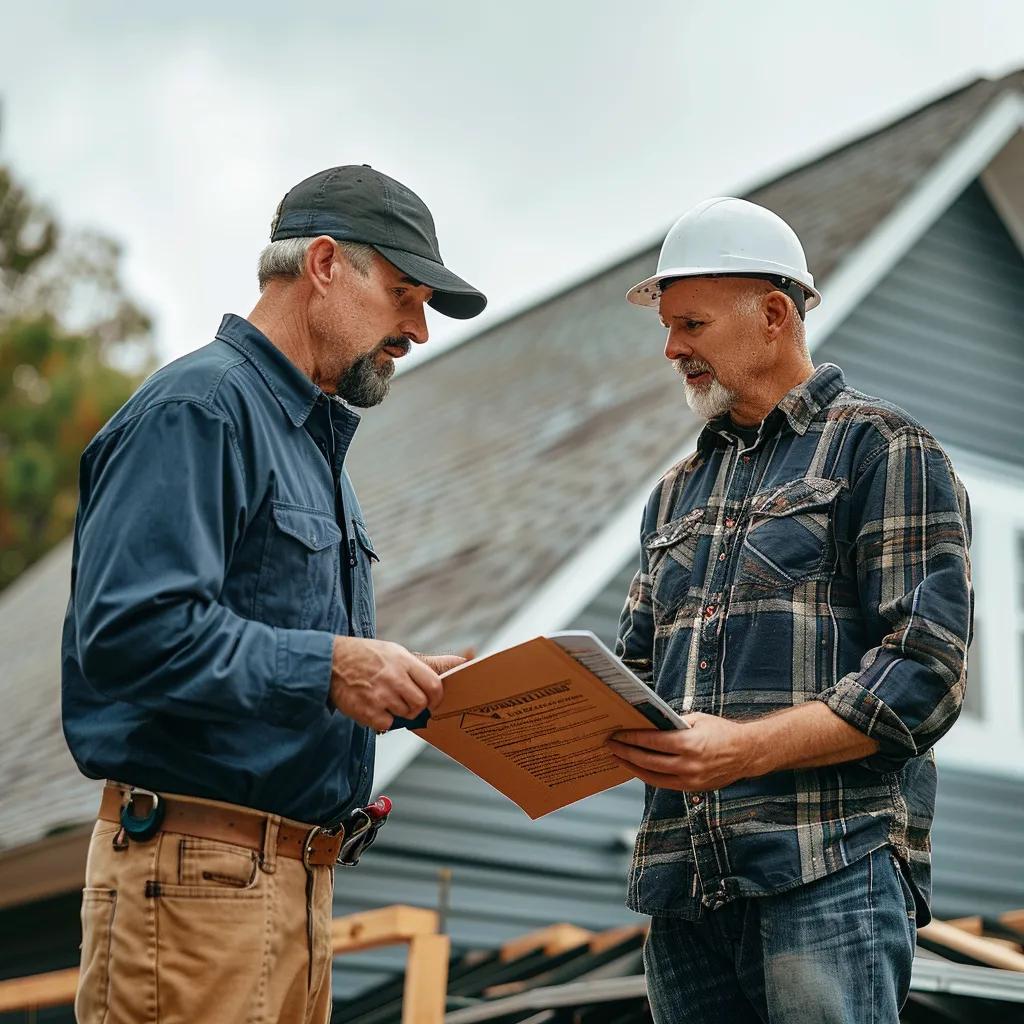 Experienced roofer reviewing project plans with a homeowner—evaluating reputation and experience