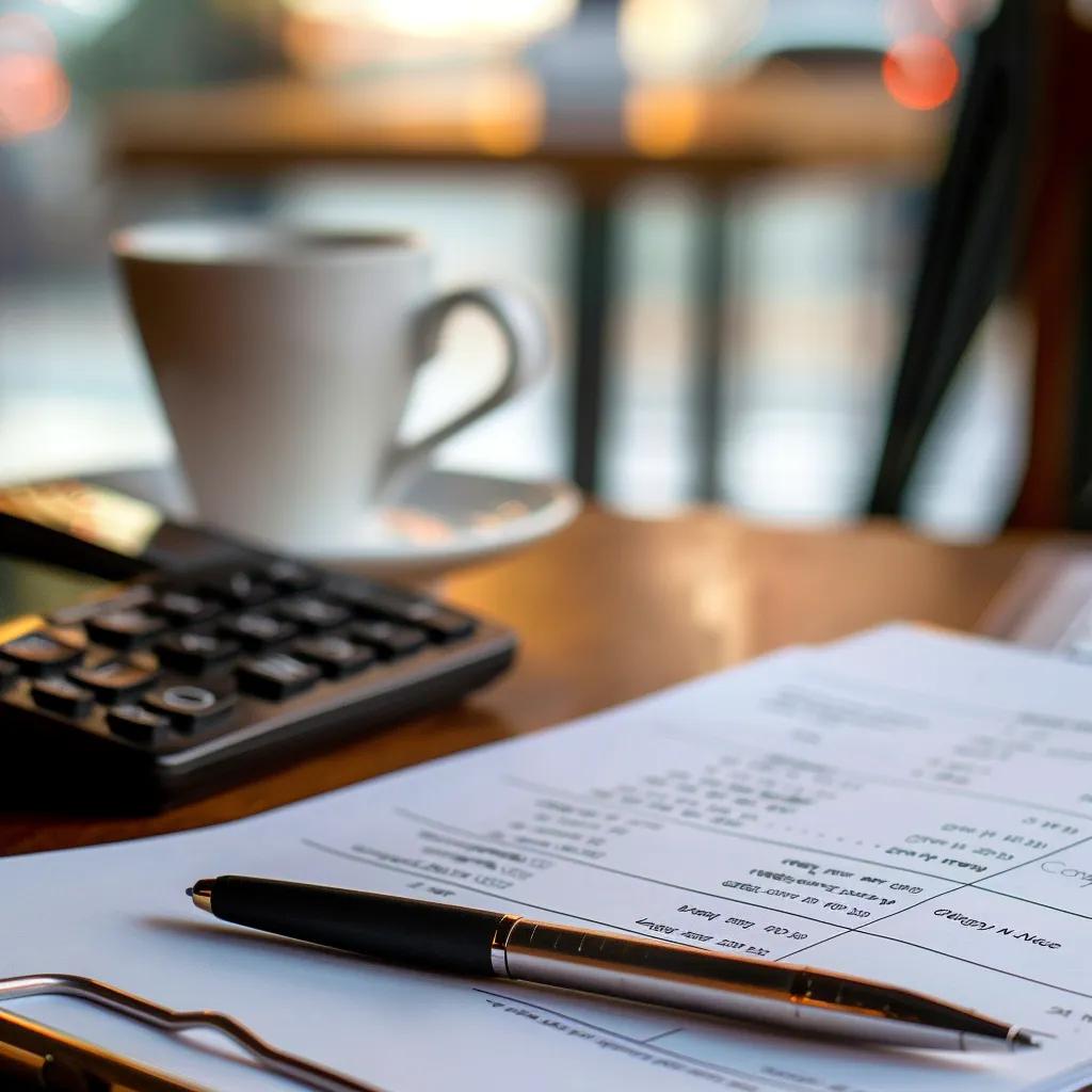 Itemized roofing estimate with pen and calculator