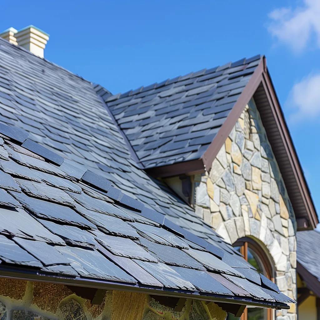 Assortment of slate, metal, and asphalt shingles on a well-kept home, showing durable and attractive roofing options