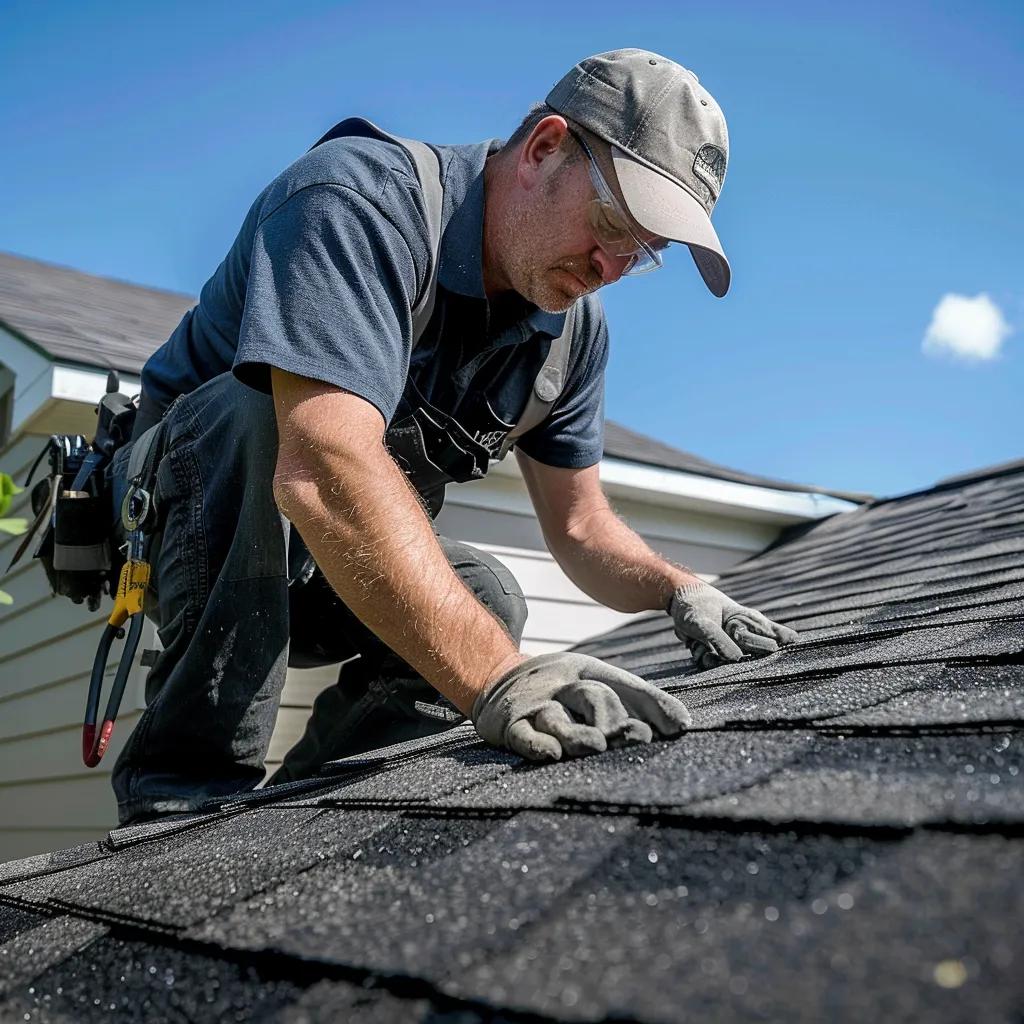 Roofer examining architectural asphalt shingles on a residential roof to highlight maintenance and repair needs