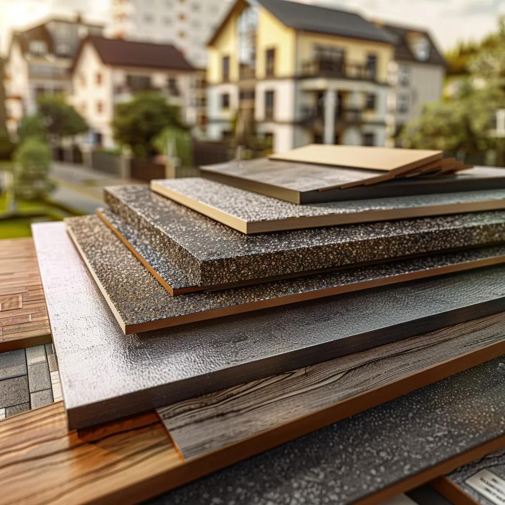 Samples of asphalt shingles and metal roofing options for Kansas City homes