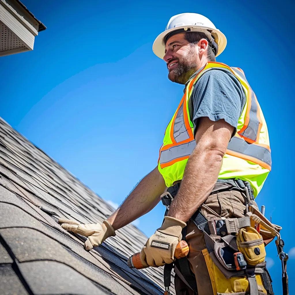 Kansas City roofer inspecting a home's roof with tools and materials