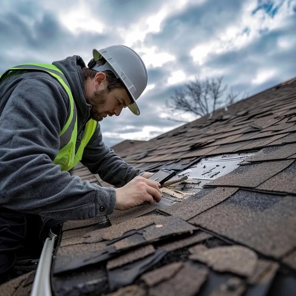 Contractor documenting storm-related roof damage on a Kansas City home
