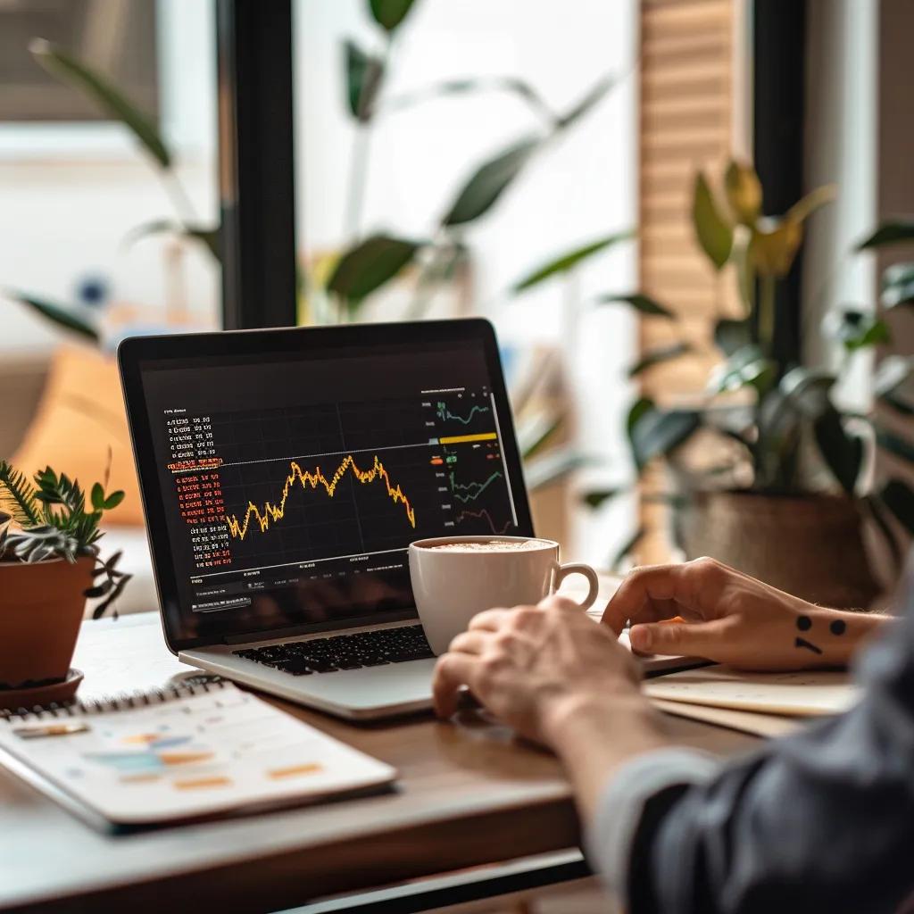 Trader studying chart patterns on a laptop, coffee at hand