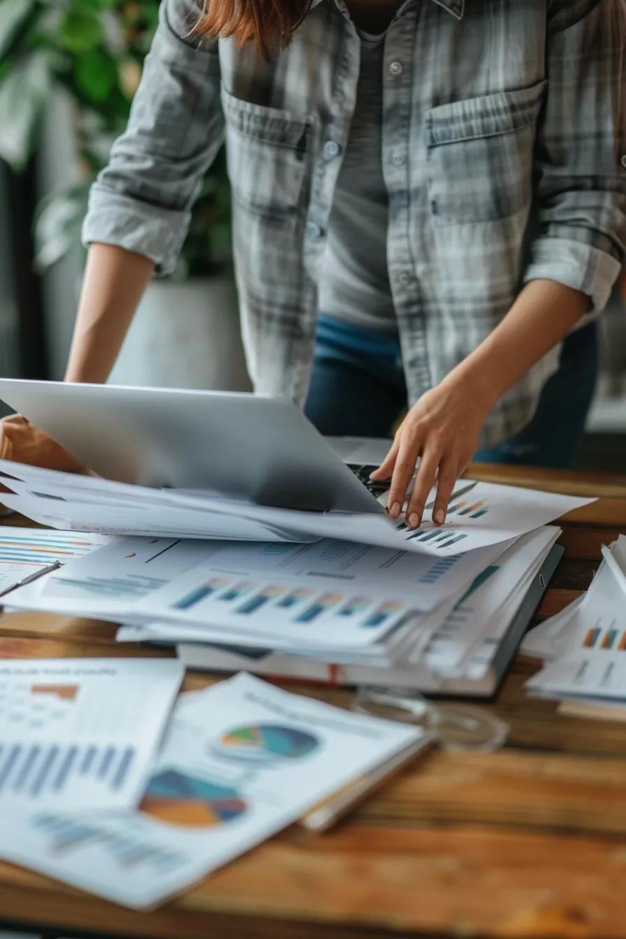 Small business owner at a desk with financial documents and a laptop