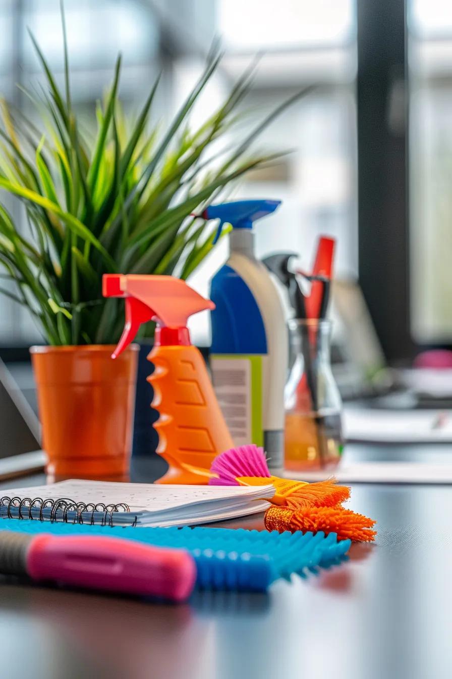 Checklist of daily and weekly cleaning routines with cleaning tools in an office setting