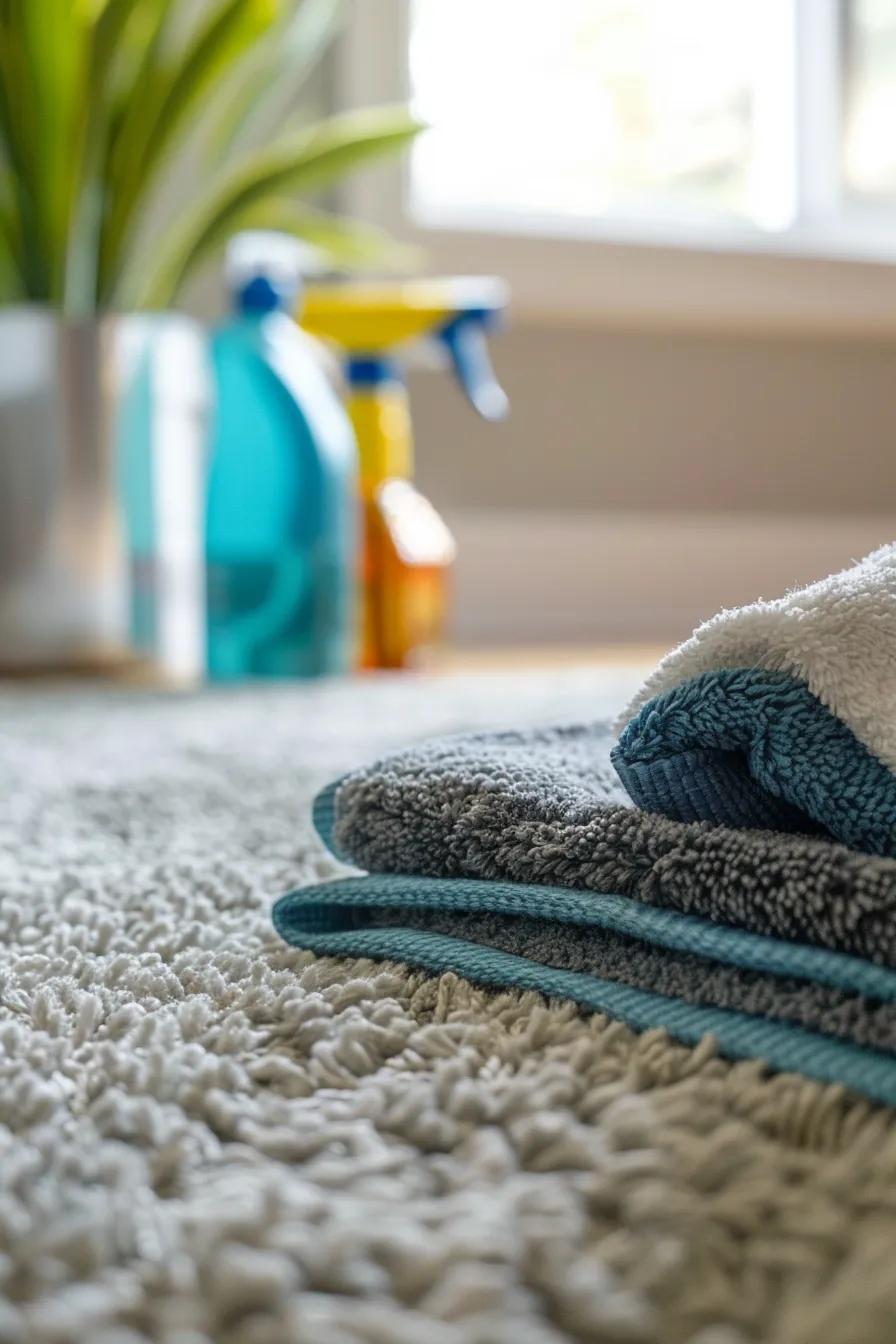 DIY carpet stain removal process with cleaning supplies in a home setting