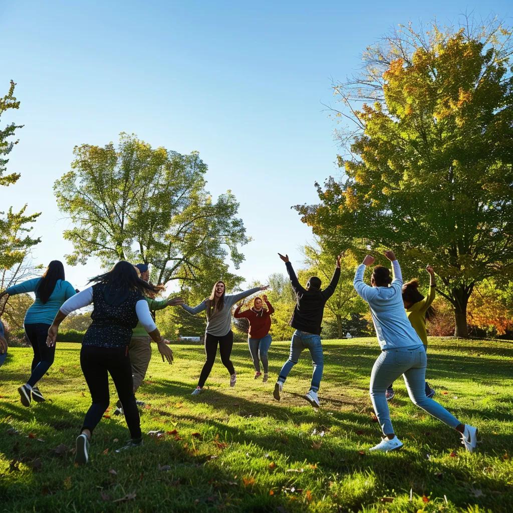 Grupo de empleados celebrando en un parque, promoviendo la cultura laboral positiva y la lealtad organizacional.