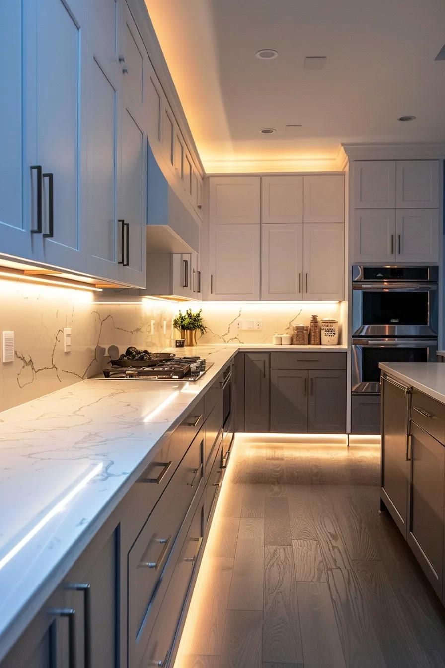 Side‑by‑side comparison of COB and SMD LED strip lights under kitchen cabinets