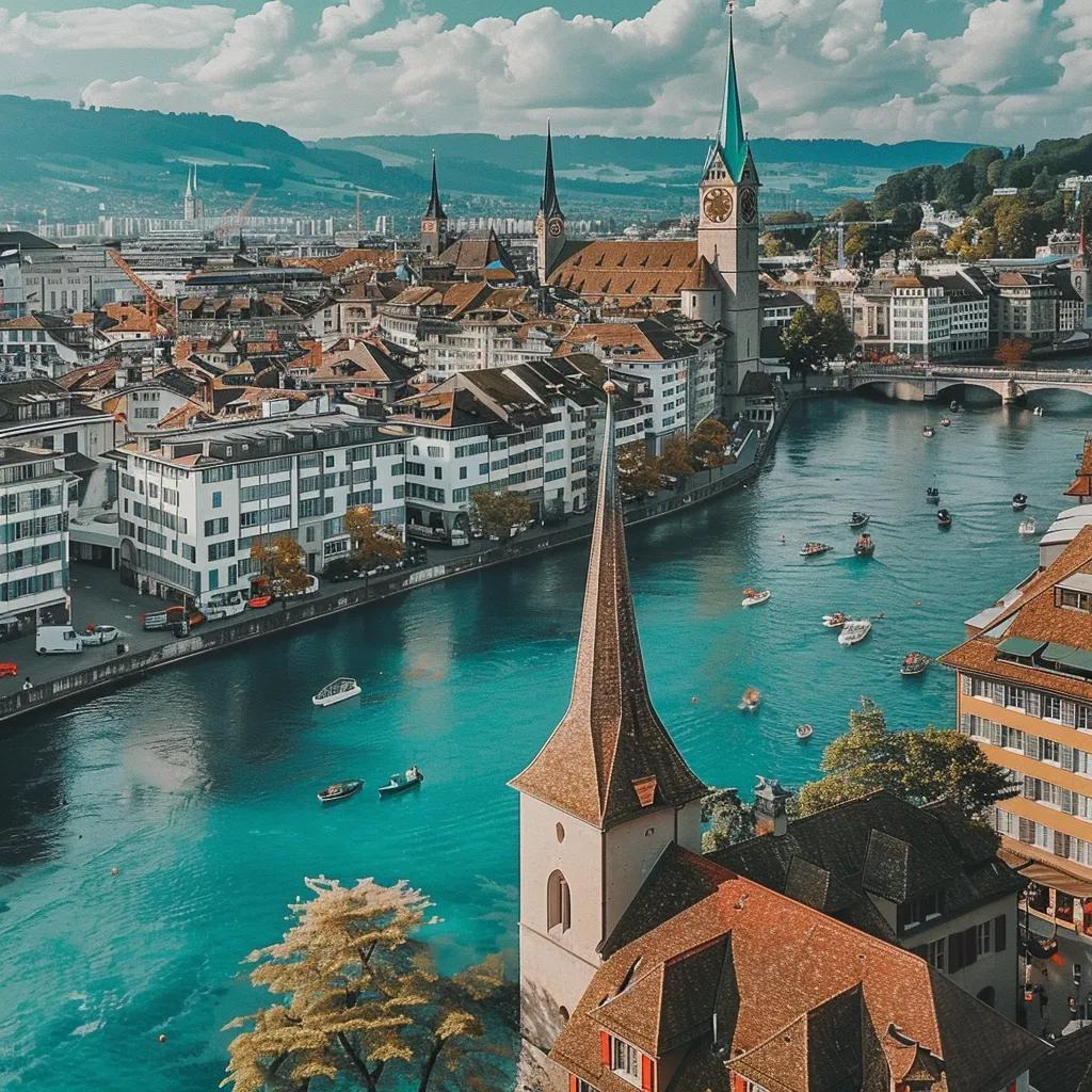 Luftaufnahme der Zürcher Altstadt mit der Limmat, historischen Gebäuden, Kirchtürmen und Booten an einem sonnigen Tag in Zürich, Schweiz Luftaufnahme der Zürcher Altstadt mit der Limmat, historischen Gebäuden, Kirchtürmen und Booten an einem sonnigen Tag in Zürich, Schweiz