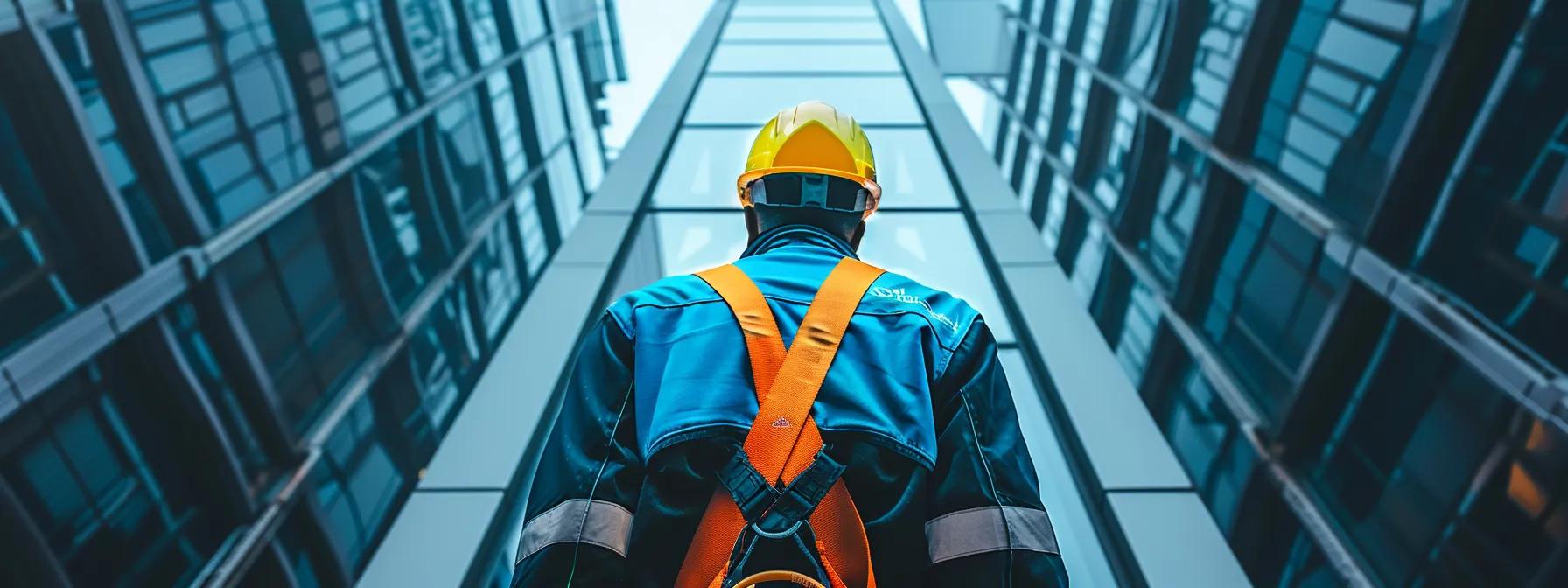 Professional window cleaner wearing safety gear while working on a high-rise