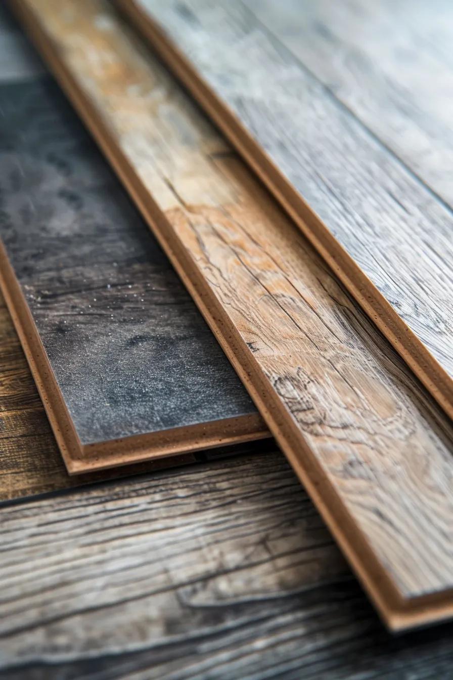 Close-up of LVT and laminate samples showing realistic wood and stone textures