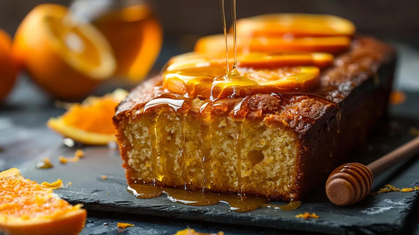 Moist orange honey loaf garnished with orange slices and a drizzle of honey