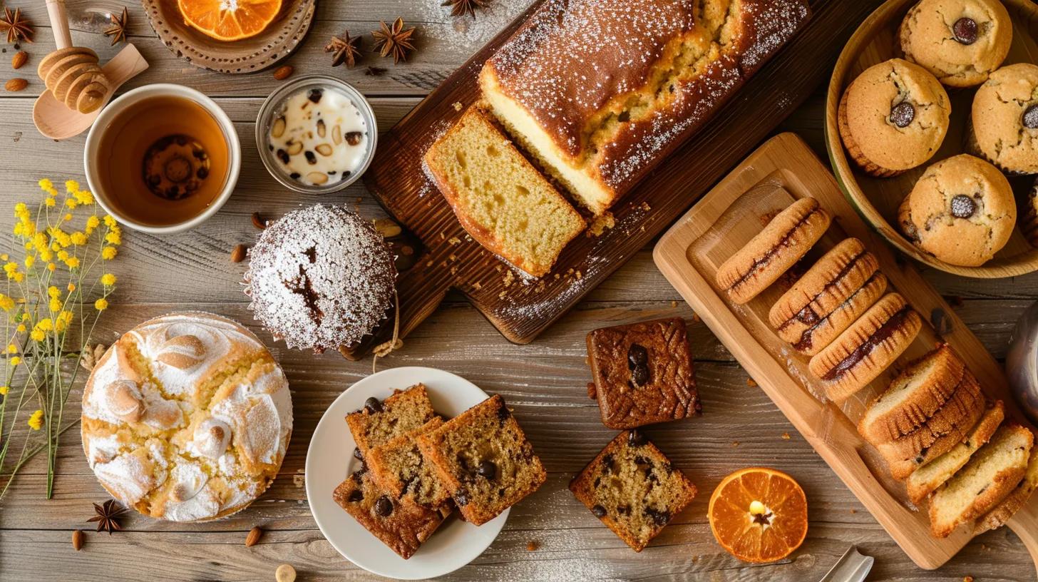 Loaf cake, muffins, and cookies made with orange blossom honey set in a warm kitchen