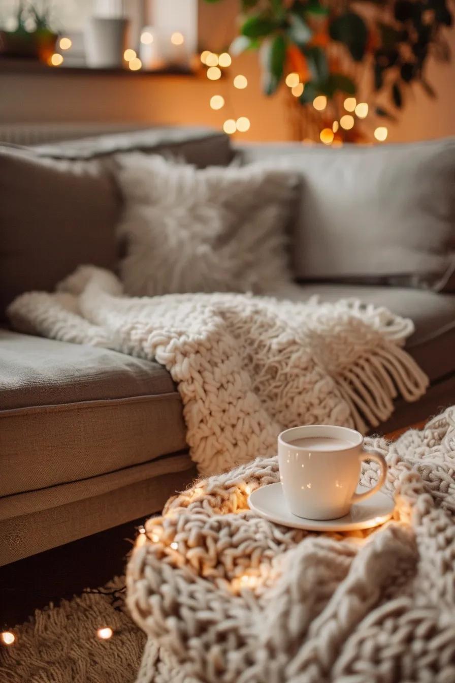 Cozy winter living room with a warm drink and blanket, conveying comfort and wellness