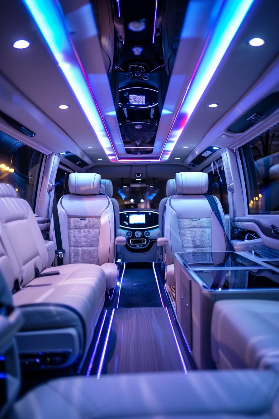 Interior of luxury vehicle with amenities for airport transfer