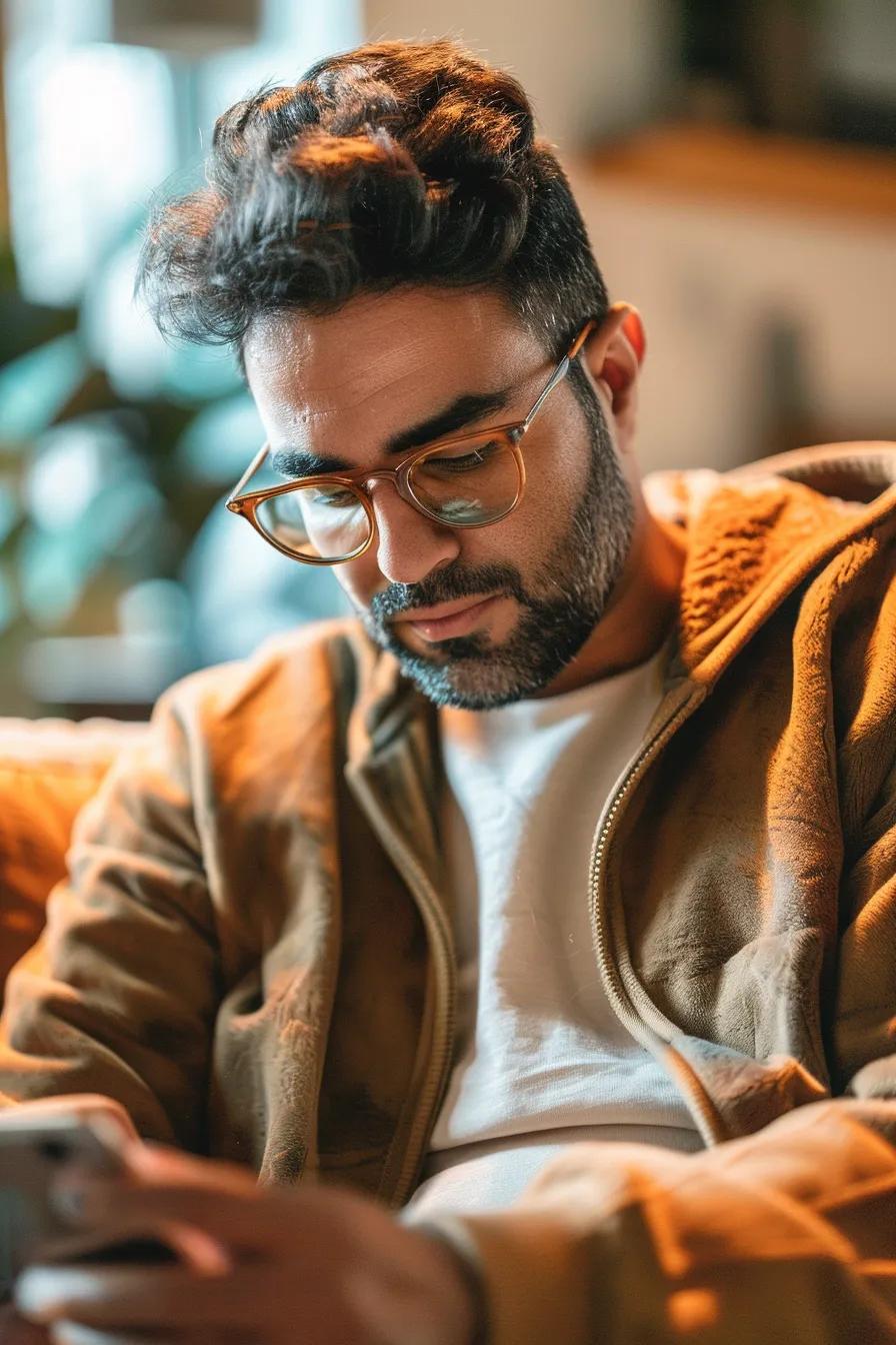Man with glasses focused on smartphone while wearing a brown jacket in a cozy indoor setting.