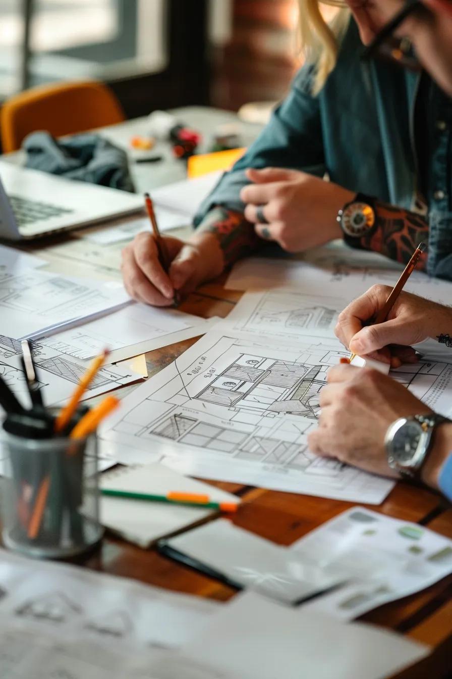 Hands of architects sketching designs on blueprints at a wooden table, surrounded by pencils, a laptop, and various architectural plans.
