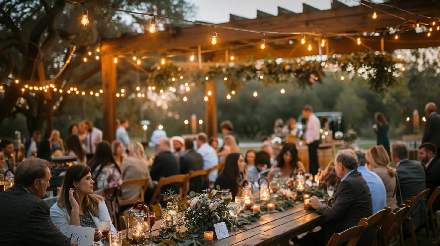 A warm, romantic rustic outdoor wedding reception set beneath strings of glowing Edison bulbs hanging from wooden beams and trees at golden hour. Long farmhouse tables made of reclaimed wood are decorated with wildflower centerpieces, soft greenery, eucalyptus garlands, and flickering candles in mason jars. Guests mingle in semi-formal attire, enjoying the cozy, intimate atmosphere. A wooden dessert table sits nearby with honey-themed wedding favors, fresh florals, and a small chalkboard sign. The background shows rolling fields, soft bokeh lights, and a sunset sky with warm amber tones. The overall vibe is charming, rustic, natural, and elegant, with textures like burlap, linen, and weathered wood adding to the farmhouse feel. No honey bottles visible unless added separately.