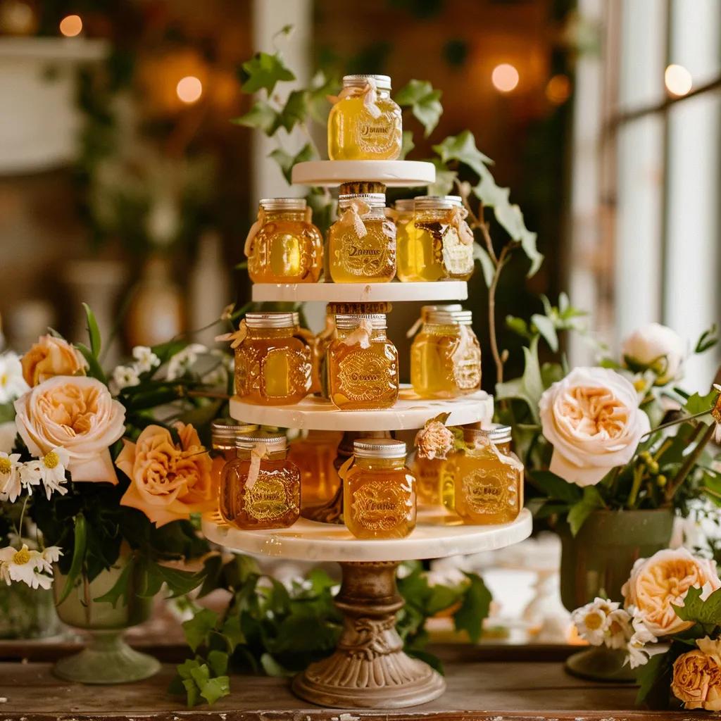 Tiered tray display of personalized honey favors styled with florals and greenery