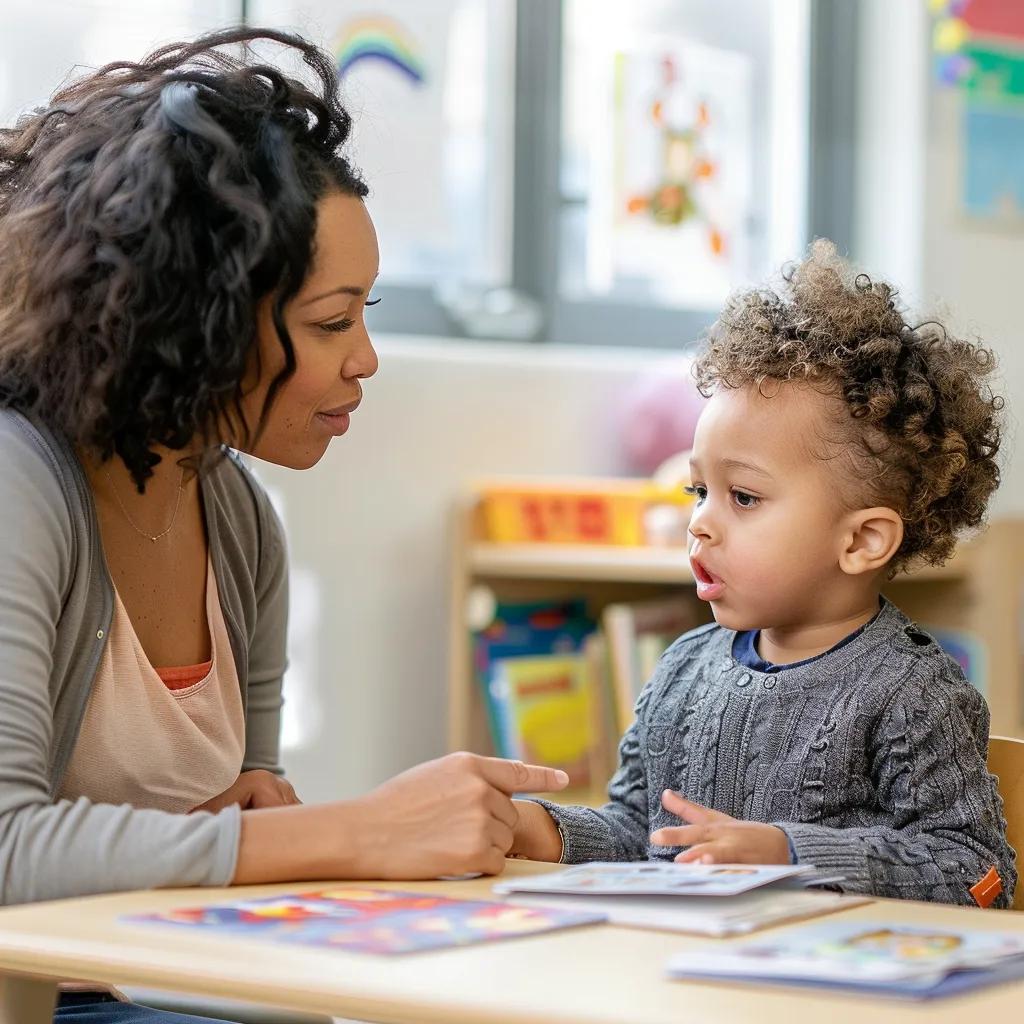 A warm, natural-light early learning classroom. A caring teacher or parent sits at a small table with a toddler, gently encouraging them to speak or point to pictures in a simple picture book or flash cards. The child appears thoughtful or slightly hesitant, showing early communication challenges, while the adult offers calm, supportive engagement. Colorful educational materials, soft tones, and child-friendly décor fill the background. The mood should highlight early speech development, connection, and nurturing support.