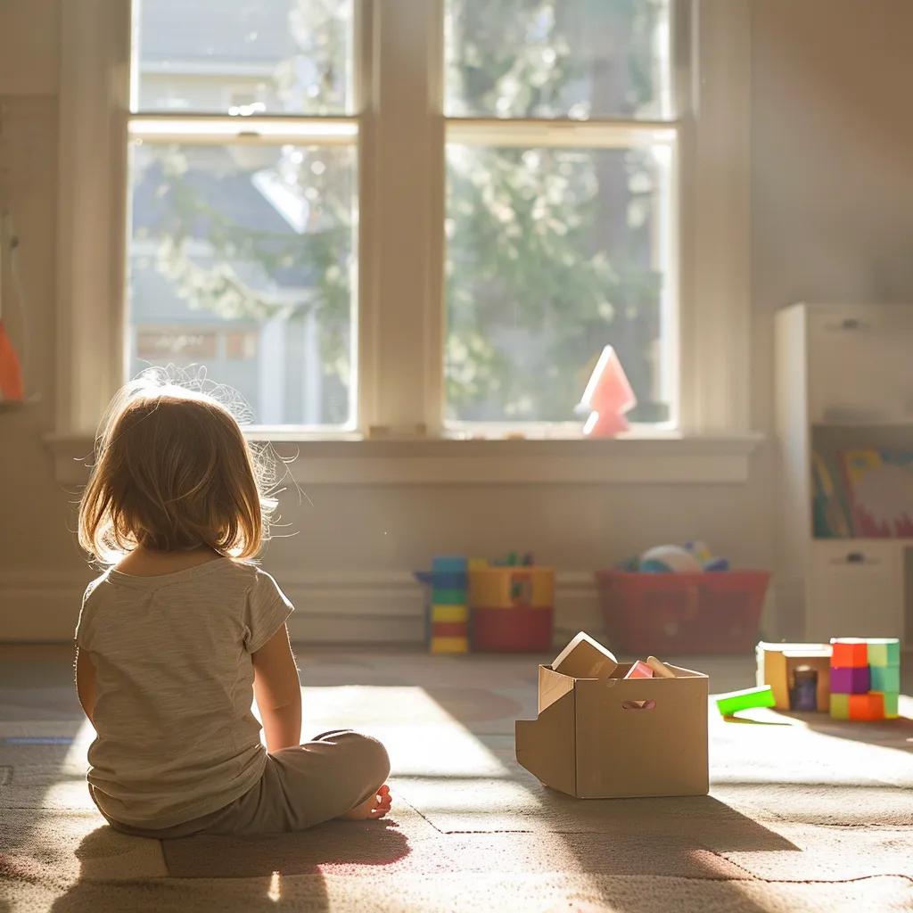 A bright, natural-light playroom or preschool classroom where a young child sits quietly with simple, open-ended toys—blocks, crayons, or a cardboard box. The child appears thoughtful, daydreaming, or beginning to invent their own activity. The room feels calm, uncluttered, and inspiring, with soft colors and gentle light. The mood highlights imagination, independence, and the peaceful, developmental benefits of boredom.