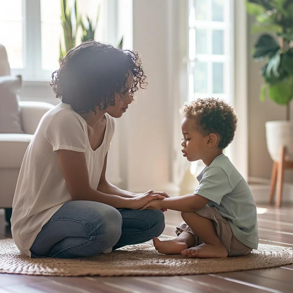 A warm, natural-light home or preschool setting. A young child is visibly upset and crying softly, while a calm, caring adult or teacher kneels beside them with a gentle, reassuring expression. The adult may offer a hand, a comforting touch, or soft eye contact. The environment feels safe and soothing, with soft colors, child-friendly decor, and minimal clutter. The mood highlights emotional support, empathy, and connection between caregiver and child.