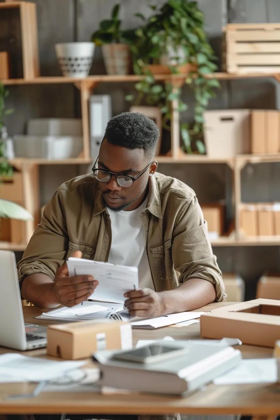 Business professional calculating cost savings with eco-friendly moving boxes in an office setting