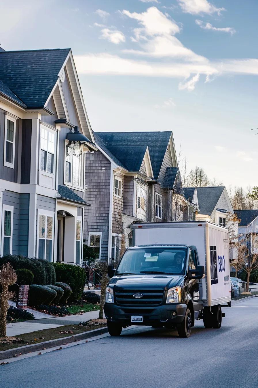 Bronko Box truck delivering reusable plastic moving boxes to a residential neighborhood