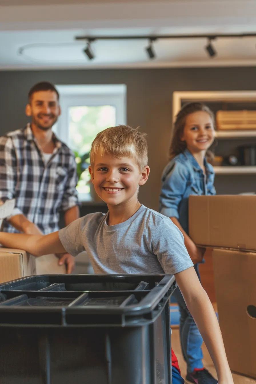 family unpacking reusable black plastic moving boxes