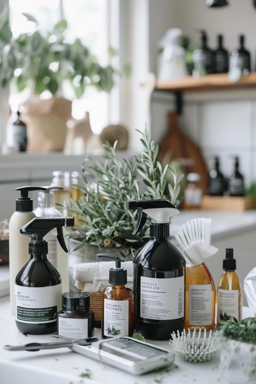 Eco‑friendly cleaning products neatly arranged in a bright workspace