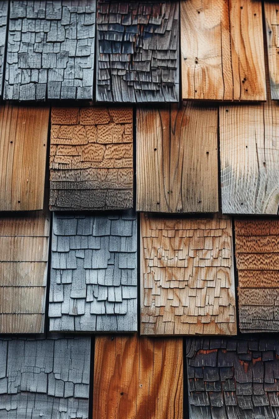 Samples of replacement options: cedar shakes, synthetic shakes, and architectural shingles