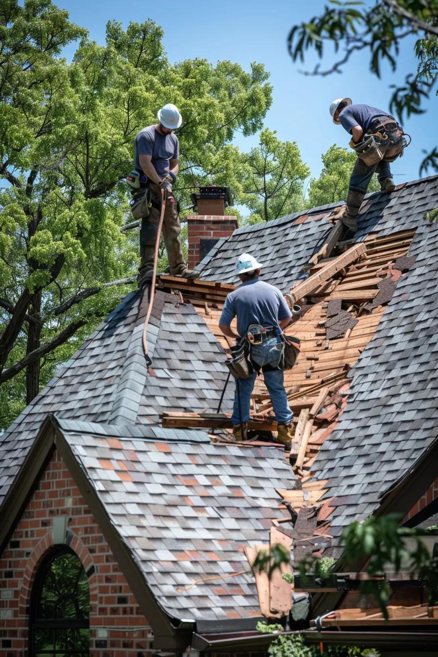Roofing crew installing wood shakes on a Kansas City home