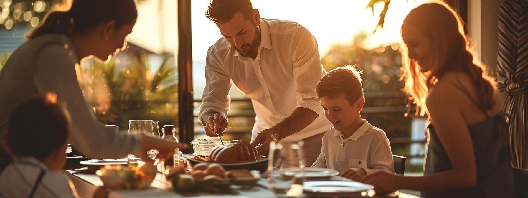 a family setting the table for dinner